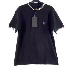 Needles Stripe Collar Embroidered Butterfly Polo In Black - Size  Small